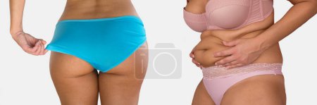 Fortschritte bei der Übergewichtsdiät, Frau in Großaufnahme auf weißem Hintergrund.