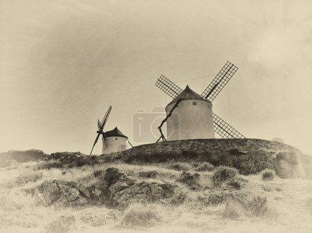 Foto de Fotografía histórica, antigua amarillenta y descolorida del antiguo molino de viento español, La Mancha. - Imagen libre de derechos