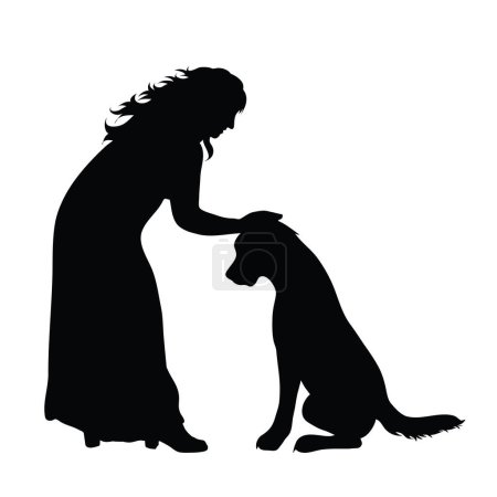 Téléchargez les illustrations : Silhouette vectorielle de femme avec chien sur fond blanc. Symbole de fille, amis, animal, animal, triste. - en licence libre de droit