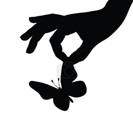 Illustration for Vector silhouette of the person who abuses the butterfly on white background. Symbol of animal, insect, fly, evil, hurt, torment, bother. - Royalty Free Image