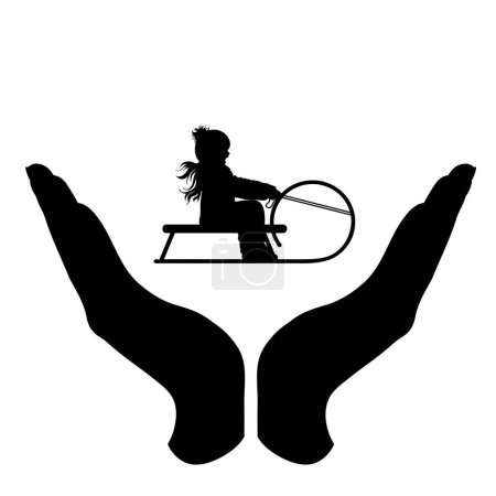 Illustration for Vector silhouette of a hand in a protection gesture protecting a sledding girl. Symbol of insurance, infant, sport, sledge, sled, speed, child, infantile, winter, snow, healthy, people, person, defensive, safe, security, support. - Royalty Free Image