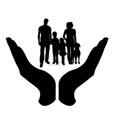 Illustration for Vector silhouette of a hand in a protection gesture protecting a family. Symbol of insurance, woman, female, man, child, daughter, son, dog, pet, wife, husband, people, person, defensive, healthy, safe, security, support. - Royalty Free Image