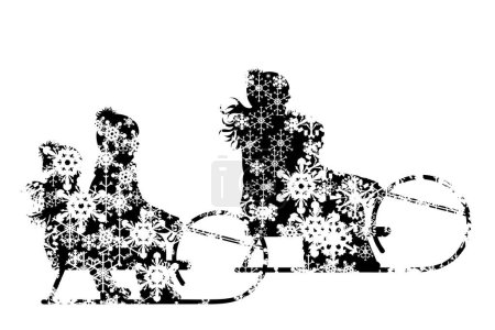 Illustration for Vector silhouette of snowy people who sledding on white background. Symbol of winter, child, boy, sledge, girl, friends, season, snow, cold, snowflake, Christmas, frost. - Royalty Free Image