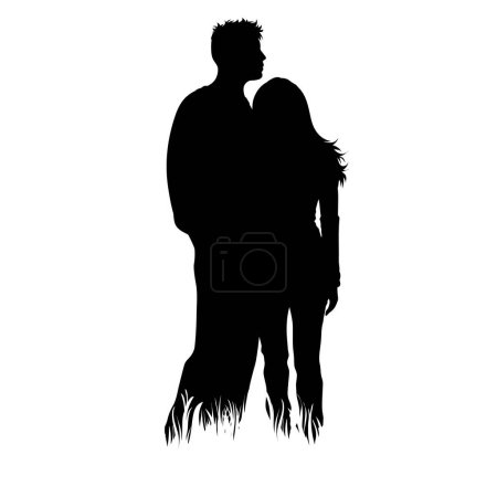 Téléchargez les illustrations : Silhouette vectorielle de couple dans l'herbe sur fond blanc. Symbole de fille, garçon, femme, mari, personnes, nature, parc. - en licence libre de droit