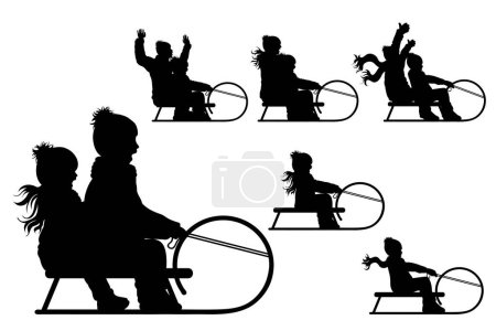 Illustration for Vector silhouette of people who sledding on white background. Symbol of winter, child, boy, sledge, girl, friends, season, snow, cold, Christmas, frost. - Royalty Free Image