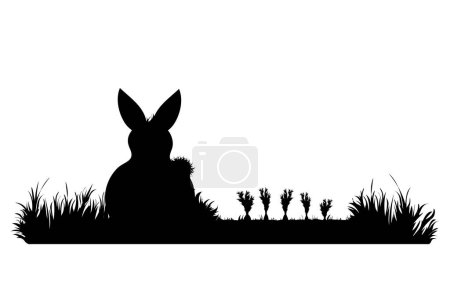 Téléchargez les illustrations : Silhouette vectorielle de lapin manger carotte sur le jardin. Symbole d'animal, champ, ferme, détruire, corp, ravageur. - en licence libre de droit