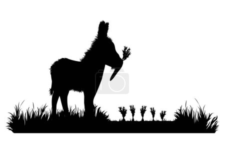 Téléchargez les illustrations : Silhouette vectorielle de l'âne manger carotte sur le jardin. Symbole d'animal, champ, ferme, détruire, corp, ravageur. - en licence libre de droit