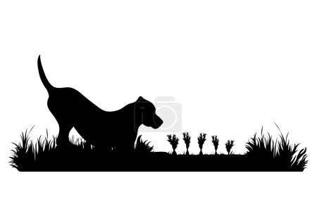 Téléchargez les illustrations : Silhouette vectorielle de chien sur jardin. Symbole d'animal, champ, ferme, attendre, regarder. - en licence libre de droit