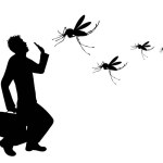 Vector silhouette of man who crying to mosquito on white background. Symbol of annoying insect.