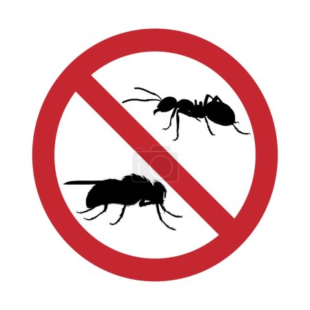 Ilustración de Silueta vectorial sin hormiga y marca de mosca sobre fondo blanco. Símbolo de stop insect. - Imagen libre de derechos