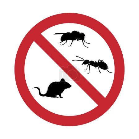 Ilustración de Silueta vectorial sin hormiga y marca de mosca y rata sobre fondo blanco. Símbolo de stop insecto y plaga. - Imagen libre de derechos