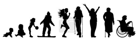 Illustration for Vector silhouette of woman in different age on white background. Symbol of generation from child to old person. - Royalty Free Image
