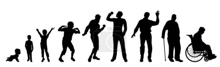 Illustration for Vector silhouette of man in different age on white background. Symbol of generation from child to old person. - Royalty Free Image