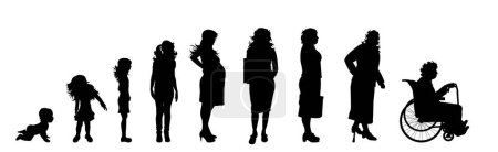 Illustration for Vector silhouette of woman in different age on white background. Symbol of generation from child to old person. - Royalty Free Image