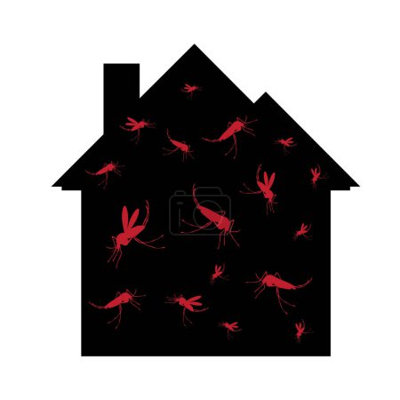 Illustration for Vector silhouette of mosquito at home mark on white background. Symbol of stop annoying insect and infested house. - Royalty Free Image