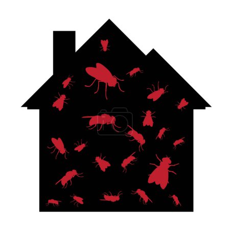 Illustration for Vector silhouette of fly at home mark on white background. Symbol of stop annoying insect and infested house. - Royalty Free Image