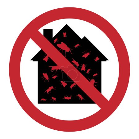 Illustration for Vector silhouette of no fly at home mark on white background. Symbol of stop annoying insect and protection house. - Royalty Free Image