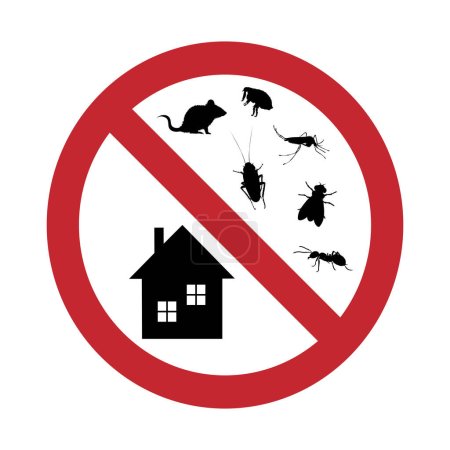 Vector silhouette of no insect and parasites at home mark on white background. Symbol of stop annoying insect and protection house.