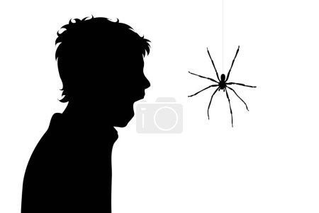 Illustration for Vector silhouette of boy who fear spider on white background. Symbol of danger insect who people scary. - Royalty Free Image