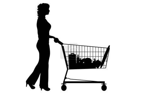 Téléchargez les illustrations : Silhouette vectorielle de femme pousser panier sur fond blanc. Symbole des accessoires de boutique. - en licence libre de droit