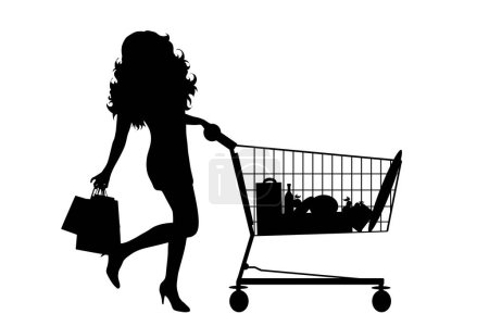 Téléchargez les illustrations : Silhouette vectorielle de femme pousser panier sur fond blanc. Symbole des accessoires de boutique. - en licence libre de droit