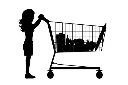 Téléchargez les illustrations : Silhouette vectorielle de fille pousser panier sur fond blanc. Symbole des accessoires de boutique. - en licence libre de droit