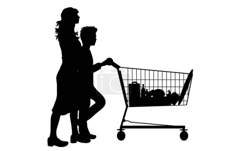 Téléchargez les illustrations : Silhouette vectorielle de femme avec fils pousser panier sur fond blanc. Symbole des accessoires de boutique. - en licence libre de droit