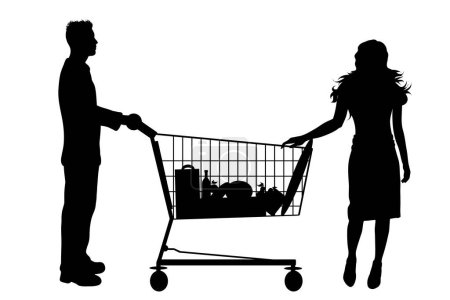 Téléchargez les illustrations : Silhouette vectorielle du couple boutique au panier sur fond blanc. Symbole des accessoires de boutique. - en licence libre de droit