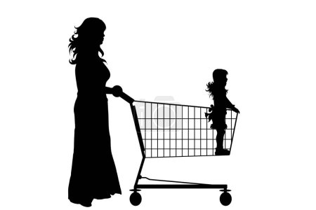 Téléchargez les illustrations : Silhouette vectorielle de femme avec fille pousser panier sur fond blanc. Symbole des accessoires de boutique. - en licence libre de droit