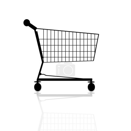 Illustration for Vector silhouette of shopping cart with shadow on white background. Symbol of shop accessories. - Royalty Free Image