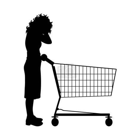 Téléchargez les illustrations : Silhouette vectorielle de femme stressée pousser panier sur fond blanc. Symbole des accessoires de boutique. - en licence libre de droit