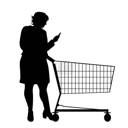 Téléchargez les illustrations : Silhouette vectorielle de femme obèse pousser panier sur fond blanc. Symbole des accessoires de la boutique et vente. - en licence libre de droit