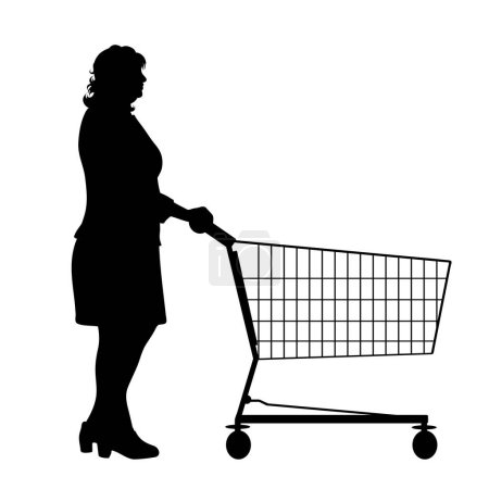 Téléchargez les illustrations : Silhouette vectorielle de femme obèse pousser panier sur fond blanc. Symbole des accessoires de la boutique et vente. - en licence libre de droit