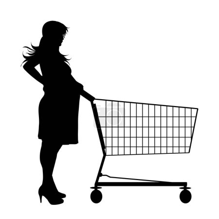 Téléchargez les illustrations : Silhouette vectorielle de la femme enceinte pousser panier sur fond blanc. Symbole des accessoires de la boutique et vente. - en licence libre de droit