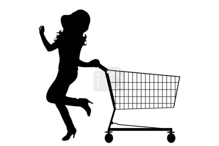 Téléchargez les illustrations : Silhouette vectorielle de femme pousser panier sur fond blanc. Symbole des accessoires de la boutique et vente. - en licence libre de droit