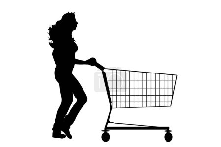 Téléchargez les illustrations : Silhouette vectorielle de femme courant et poussant panier sur fond blanc. Symbole des accessoires de la boutique et vente. - en licence libre de droit