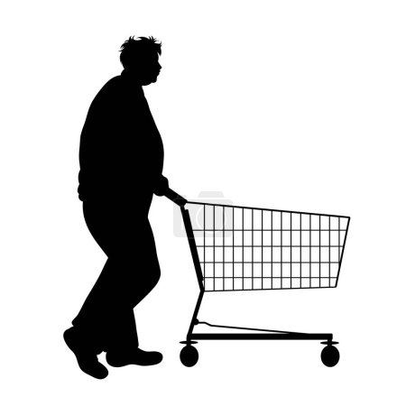 Téléchargez les illustrations : Silhouette vectorielle de l'homme obèse pousser panier sur fond blanc. Symbole des accessoires de boutique. - en licence libre de droit
