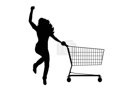 Téléchargez les illustrations : Silhouette vectorielle de femme heureuse pousser panier sur fond blanc. Symbole des accessoires de la boutique et vente. - en licence libre de droit
