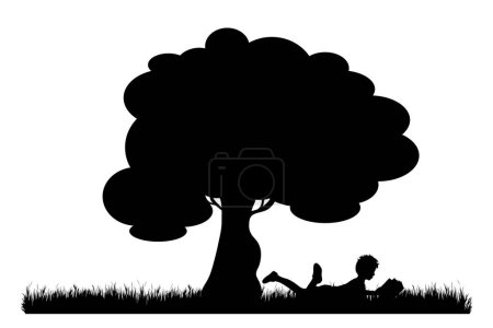 Vektorsilhouette eines Jungen, der unter einem Baum liegt und Buch auf weißem Hintergrund liest. Symbol für Natur und Ruhe.