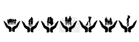 Illustration for Vector silhouette of collection of hand in protective gesture with people on white background. Symbol of care. - Royalty Free Image