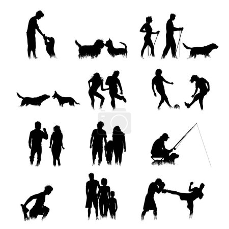 Téléchargez les illustrations : Collection de silhouette vectorielle de personnes et d'animaux dans l'herbe sur fond blanc. Symbole du sport. - en licence libre de droit