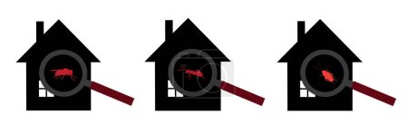 Illustration for Collection of vector silhouette of insect at home mark on white background. Symbol of stop annoying insect and infested house. - Royalty Free Image
