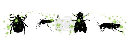 Ilustración de Conjunto de silueta vectorial de bacterias propagadoras de insectos sobre fondo blanco. Símbolo de molesto insecto y peligro de enfermedades. - Imagen libre de derechos