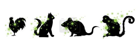 Téléchargez les illustrations : Ensemble de silhouette vectorielle de différentes bactéries de propagation animale sur fond blanc. Symbole d'animal et de santé. - en licence libre de droit