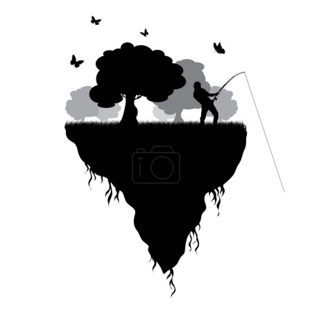 Illustration for Vector silhouette of piece of land with fishing man and flying butterflies on white background. Symbol of nature and planet. - Royalty Free Image
