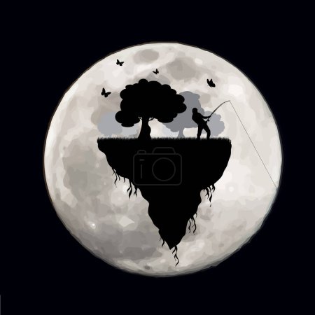 Illustration for Vector silhouette of piece of land with fishing man and flying butterflies on moon background. Symbol of night. - Royalty Free Image