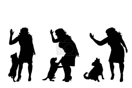 Illustration for Collection of vector silhouette of anger woman with dog on white background. Symbol of animal abuse. - Royalty Free Image