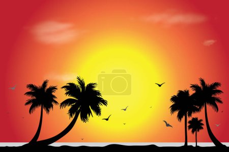 Illustration for Vector silhouette of beach with palm tree at sunset. Symbol of nature. - Royalty Free Image