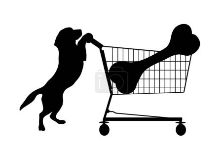 Téléchargez les illustrations : Silhouette vectorielle de chien pousser panier avec gros os sur fond blanc. Symbole de magasin accessoires et animalerie. - en licence libre de droit