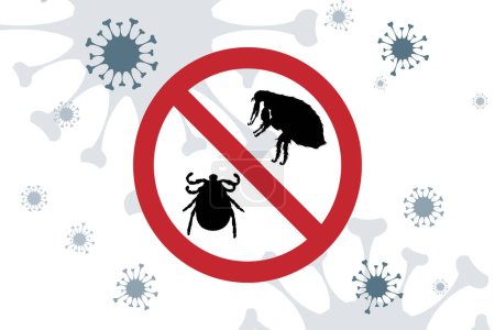 Illustration for Vector silhouette no flea and tick on background with virus symbol. Symbol of stop diseases. - Royalty Free Image